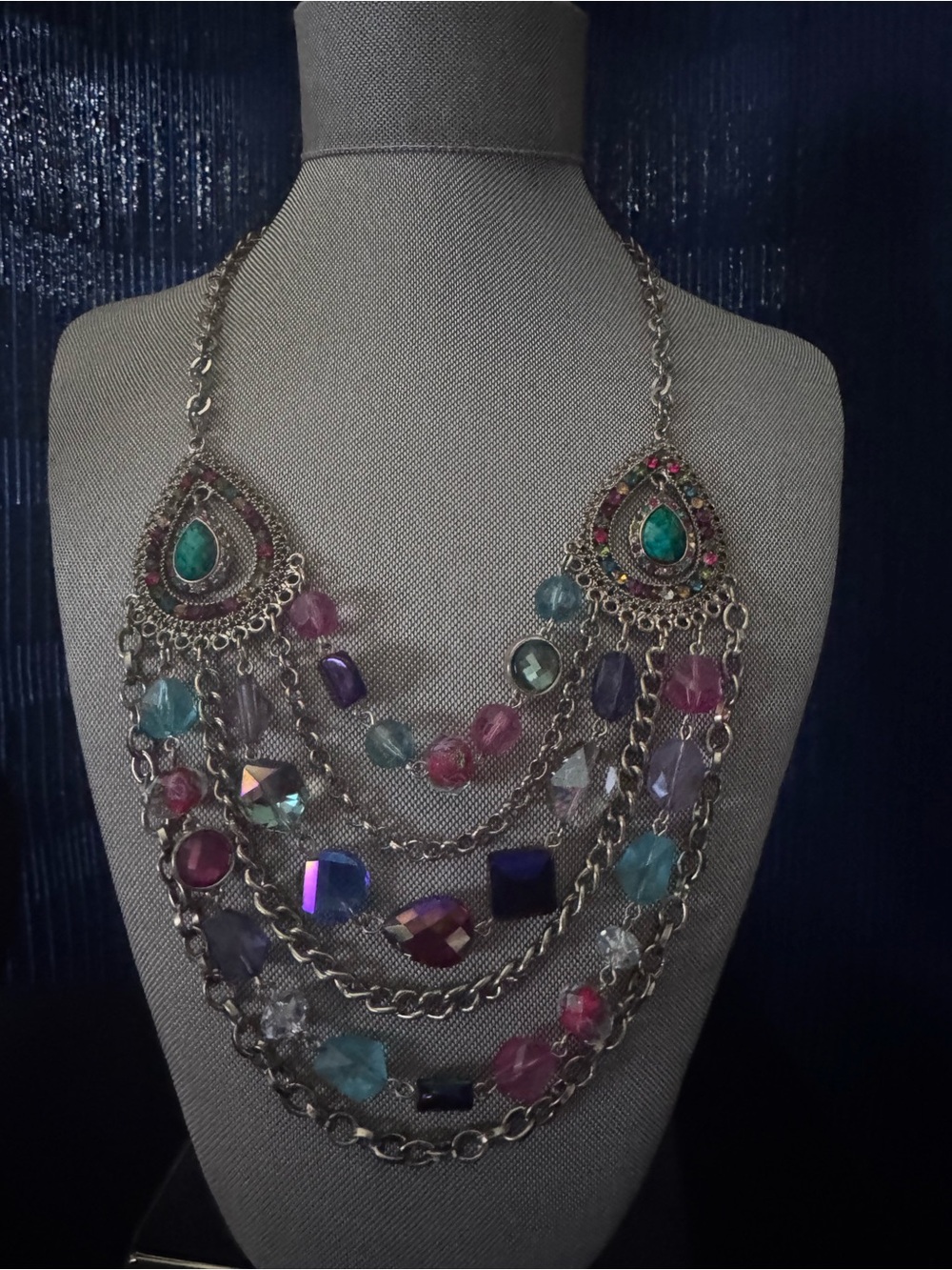 Multi-Color Teardrop Statement Necklace - Layered Gem Chain